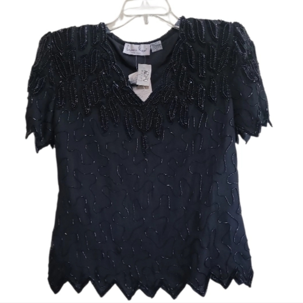 Laurence Kazar Vintage Stenay Black Silk Beaded Sequin Top Size Medium NWT